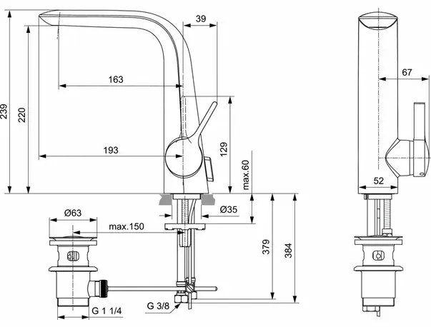 Baterie lavoar Ideal Standard Melange cu pipa inalta si ventil