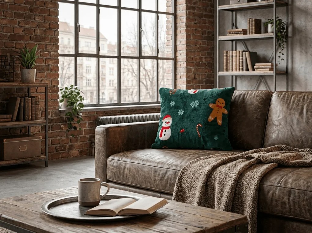 Fata de perna din microplus SNOWMAN AND GINGERBREAD 45x45 cm, verde