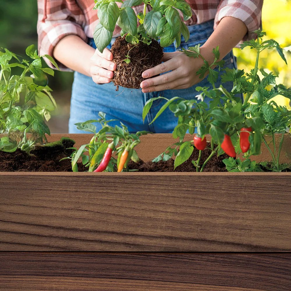 Cutie decorativă de grădină din plastic, cu raft inferior, 110 l, lemn de nuc