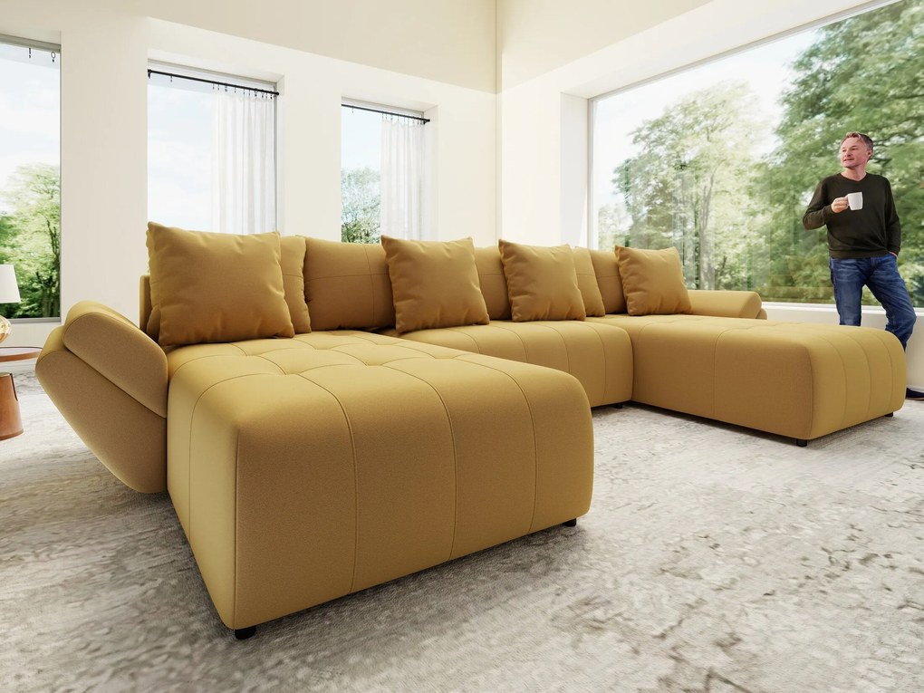 Colțar extensibil dumonde cu ladă de depozitare si sezut confortabil din spuma high-density, Berlin U Royal Mustar 380x180 cm