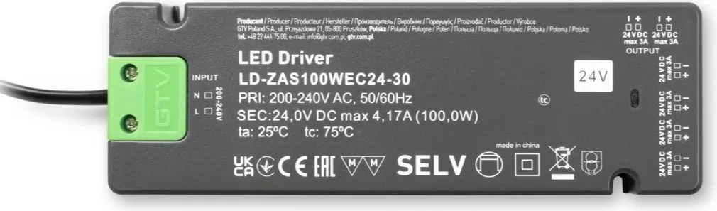 Transformator Easy Click GTV pentru bandă LED, 100W, 24V, IP20, 6 ieșiri Mini AMP, cablu 1,5 m Plastic, 100 W, 24 V, 1.5 m, Easy Click