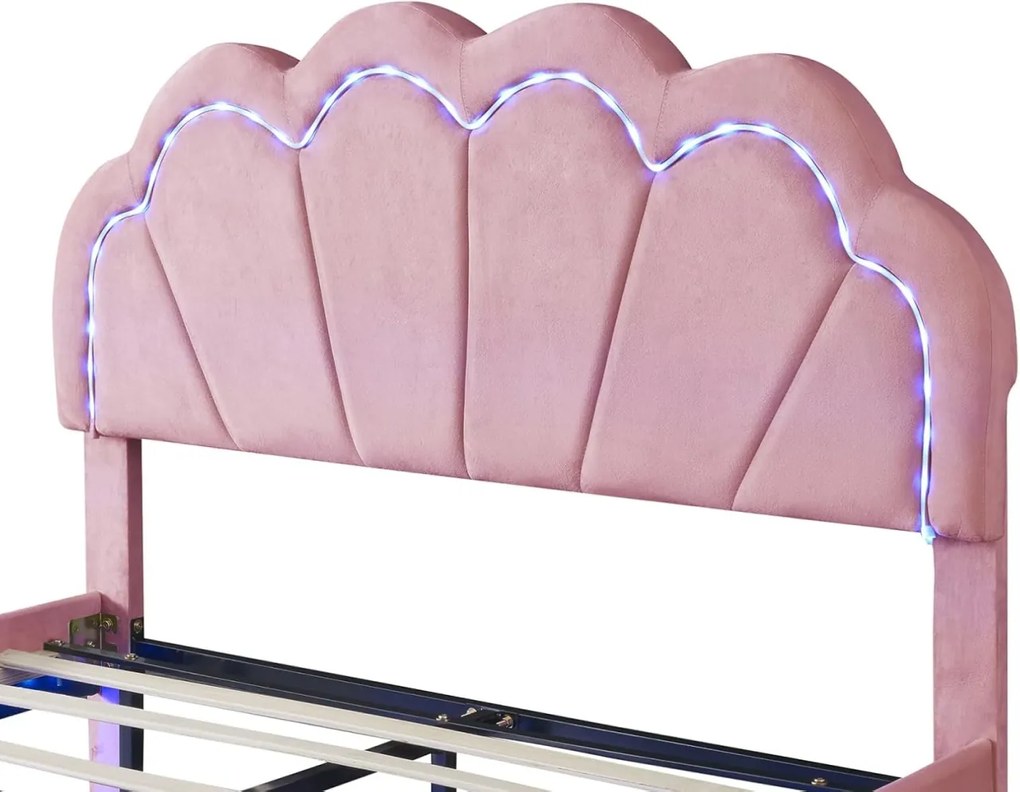 PARC7 - Pat tapitat cu LED, 140 x 200 cm - patut copii, fetite - Catifea Roz