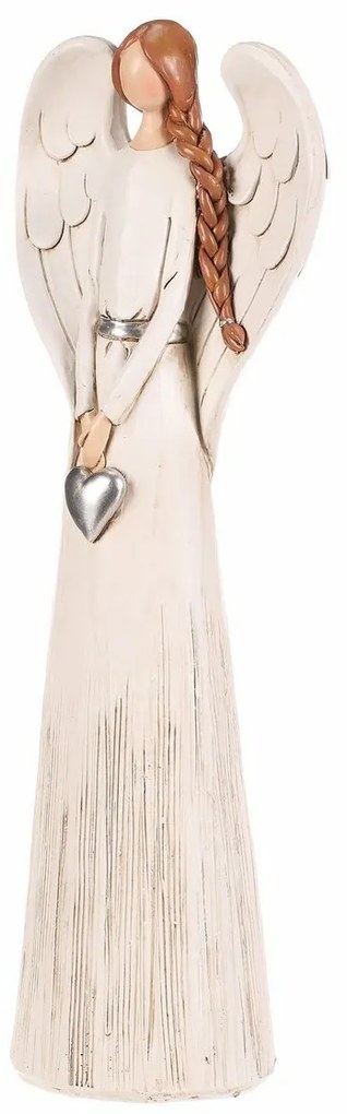 Înger din poliresină cu inimă argintie, 33 cm, bejdeschis