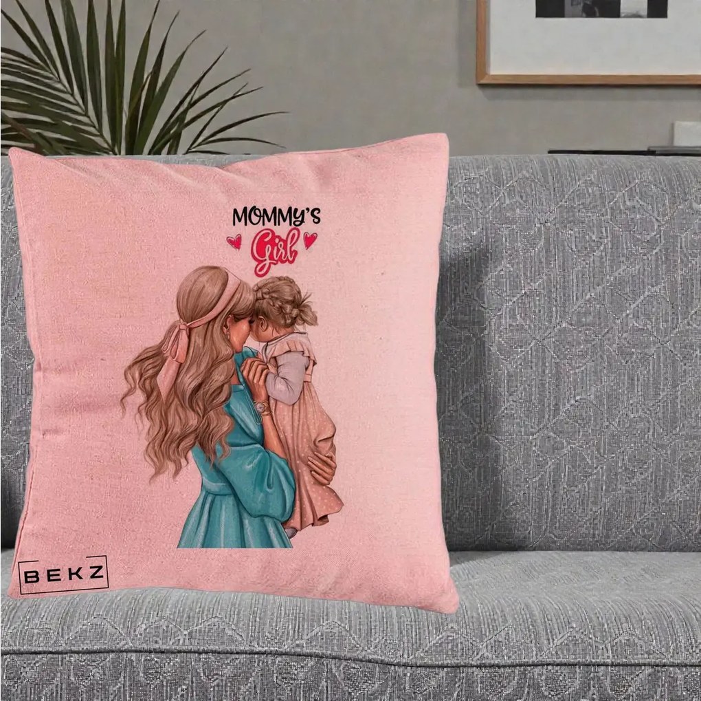 Cadou pentru Mama - Perna Personalizata Mommy's Girl Mama si Fetita, 40x40 cm, Roz, Husa Detasabila, Perna Inclusa, BEKZ®