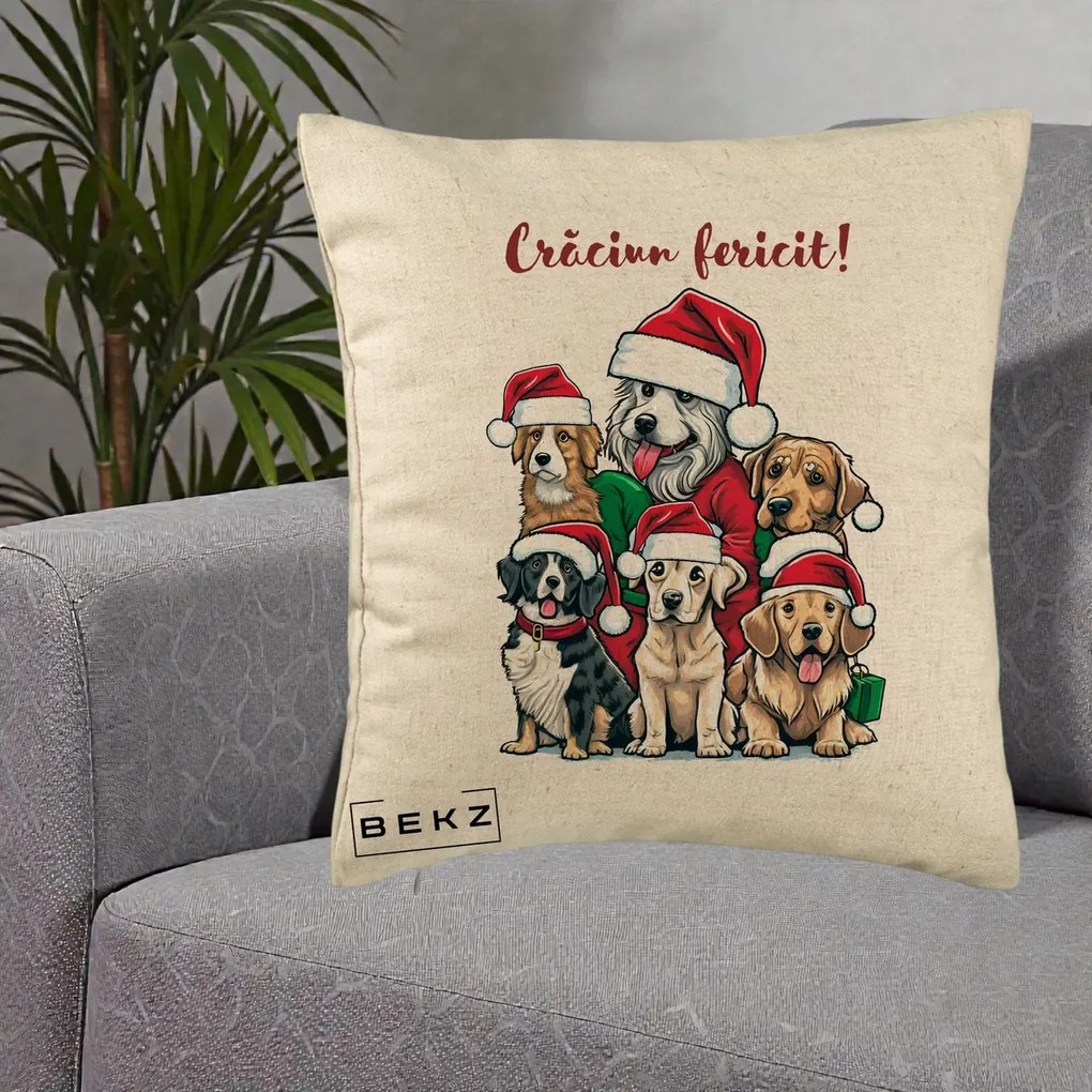 Perna Decorativa Caini cu Bonete Craciun Fericit, 40x40 cm, Bej, Husa Detasabila, Perna Inclusa, BEKZ®