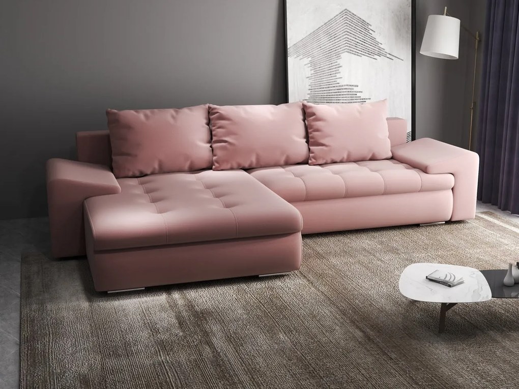 Colțar extensibil dumonde cu ladă de depozitare si sezut confortabil din spuma high-density, Leonardo Royal Roz 260x185 cm