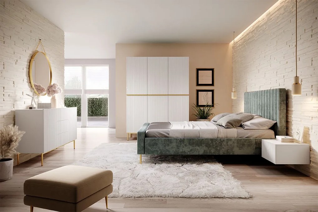 Comodă Nicole 150 cm cu sertare și fațadă canelată - alb mat / picioare aurii