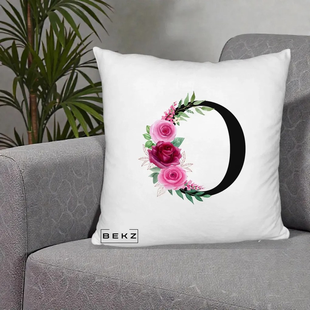 Cadou Personalizat - Perna Personalizata Monograma Florala Litera O, 40x40 cm, Alb Pufos, Husa Detasabila, Perna Inclusa, BEKZ®