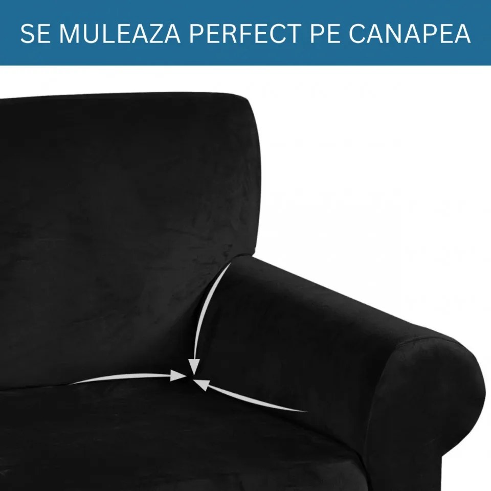 Husa elastica din catifea, canapea 3 locuri, cu brate, negru, HCCJ3-01