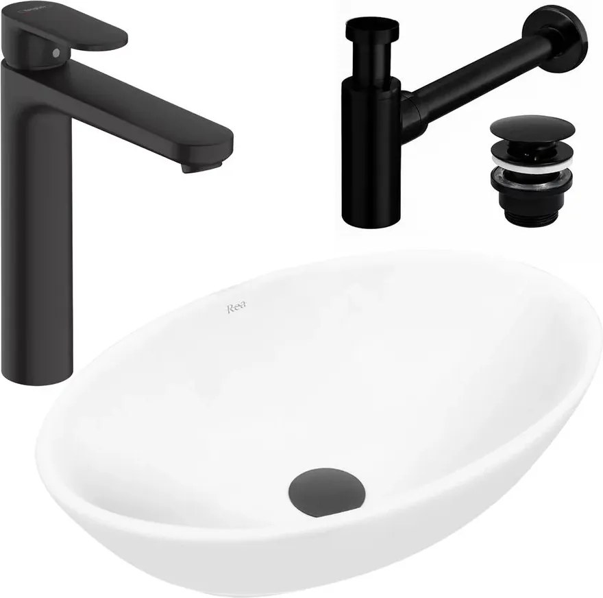 Pachet lavoar pe blat Rea Pamela alb 53 cm, baterie lavoar Hansgrohe Vernis Blend 190 negru si ventil lavoar Click-Clack negru