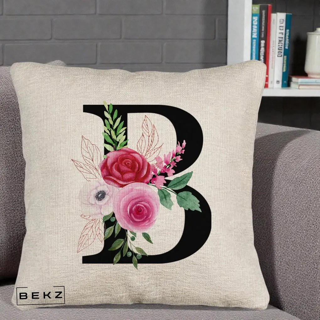 Cadou Personalizat - Perna Personalizata Monograma Florala Litera B, 40x40 cm, Bej Canapea, Husa Detasabila, Perna Inclusa, BEKZ®
