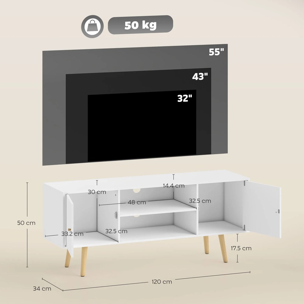 HOMCOM Cabinet TV 55" cu 2 Dulapuri, Uși și 2 Rafturi Deschise, Consolă TV din Lemn și PAL, 120x34x50 cm, Alb | Aosom Romania