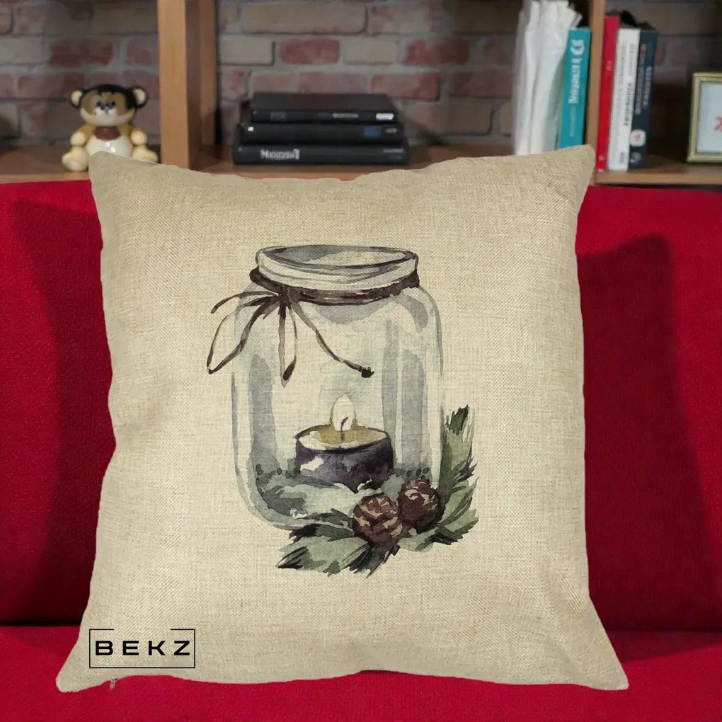 Perna Decorativa Felinar cu Lumanare si Conuri, 40x40 cm, Crem, Husa Detasabila, Perna Inclusa, BEKZ®
