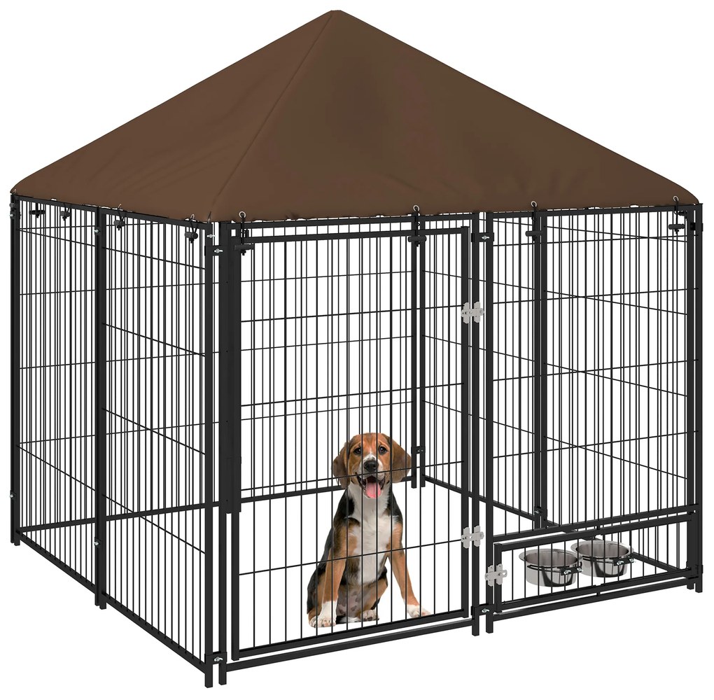 PawHut Gard pentru Câini din Metal cu Ușă pentru Boluri, Gard pentru Câini de Exterior cu Acoperiș, 141x141x151 cm, Negru și Maro