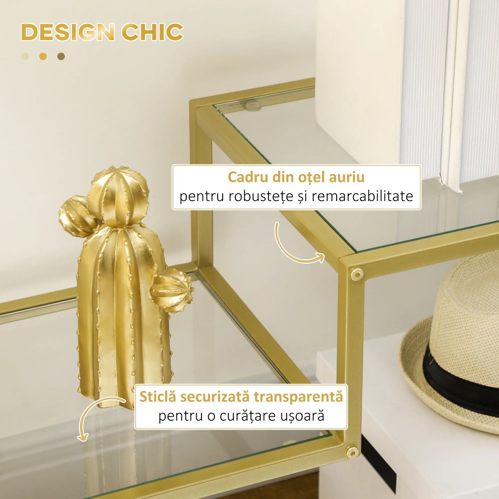 HOMCOM Consolă Aurie cu Masă de Cafea din Sticlă Temperată 100 cm, Rafturi de Depozitare, Design Elegant pentru Hol | Aosom Romania