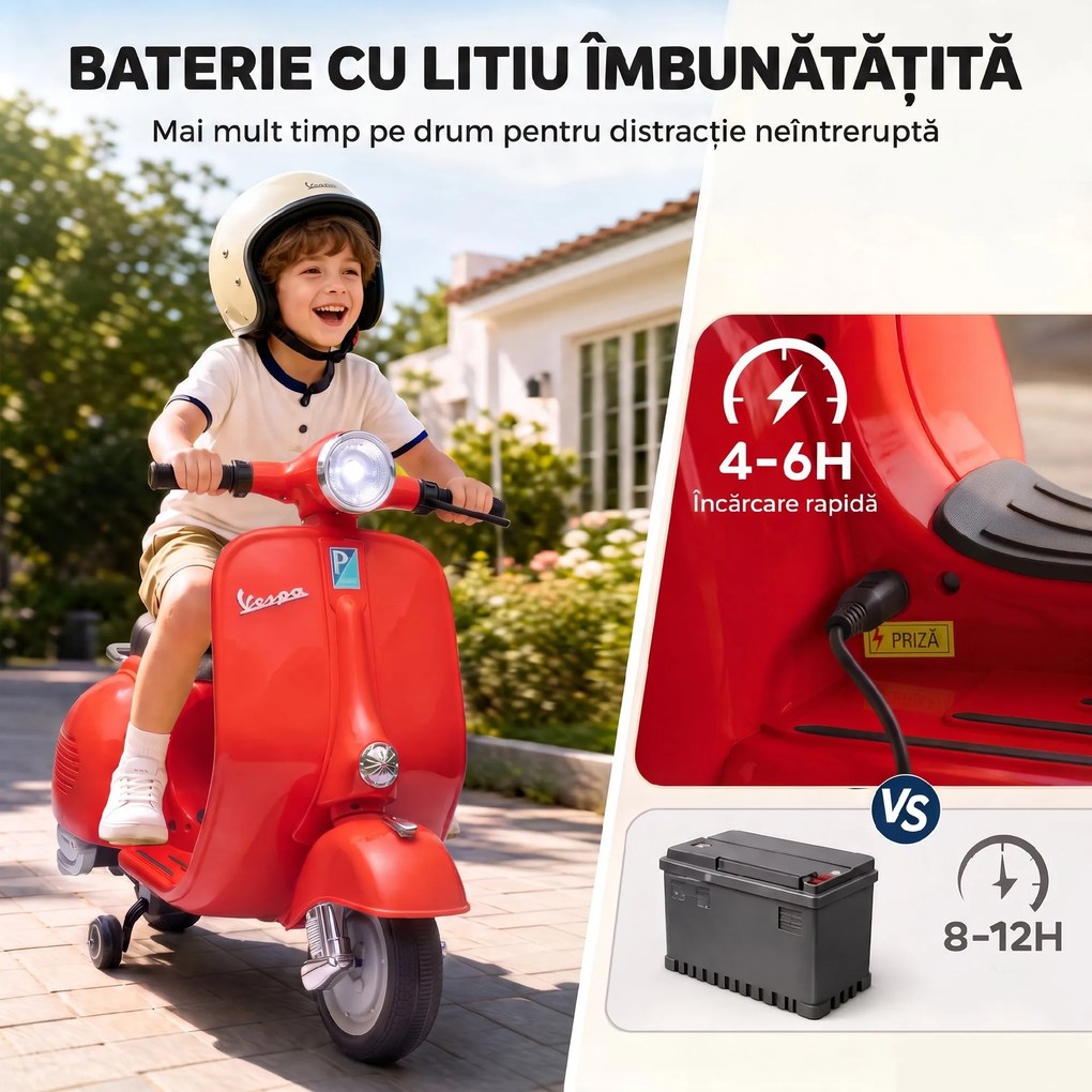AIYAPLAY Motocicletă Electrică pentru Copii 3+ Ani, licență VESPA, 6V, cu roți ajutătoare detașabile, max. 30 kg, Roșu | Aosom Romania