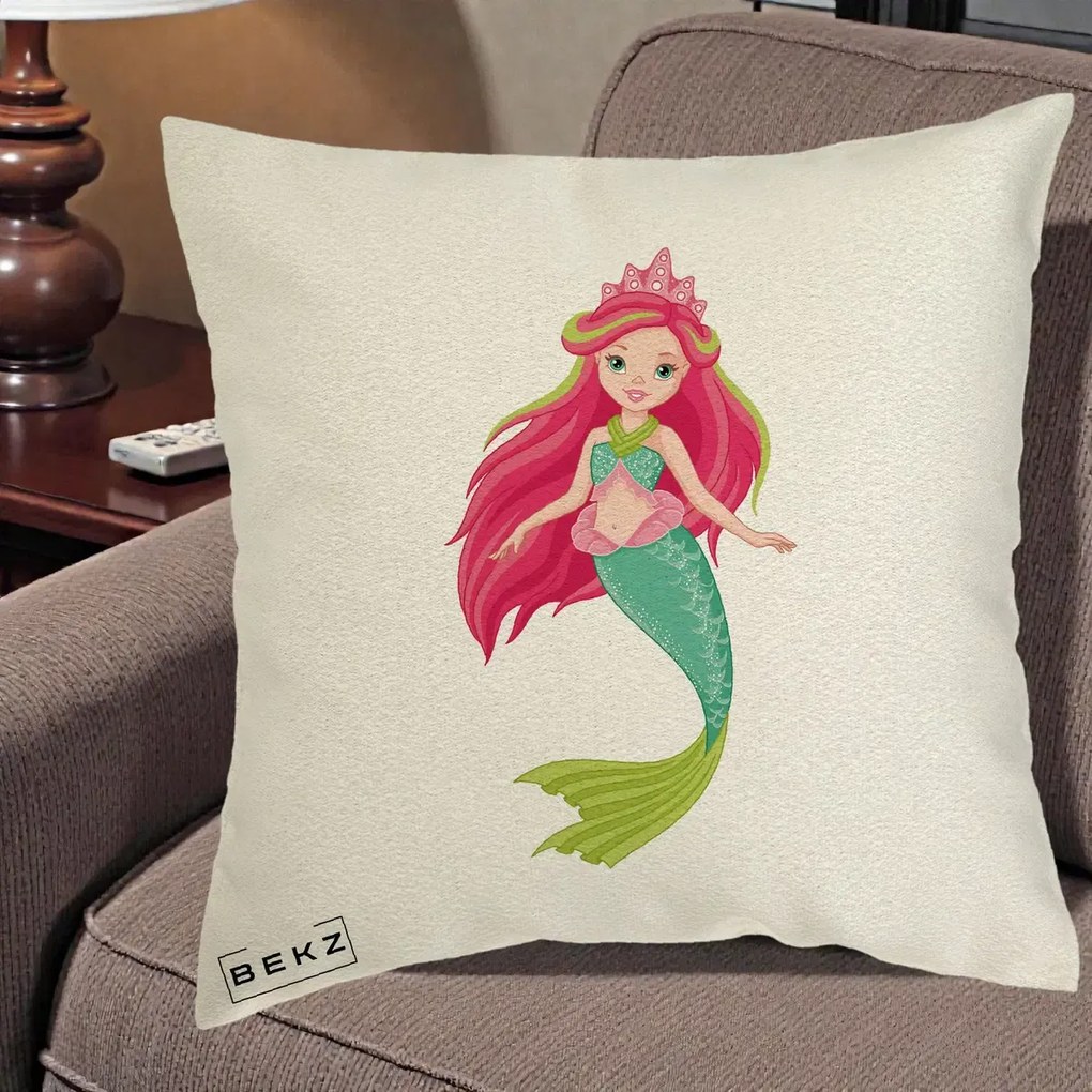 Perna Decorativa Sirena Roz cu Coroana, 40x40 cm, Ecru, Husa Detasabila, Perna Inclusa, BEKZ®