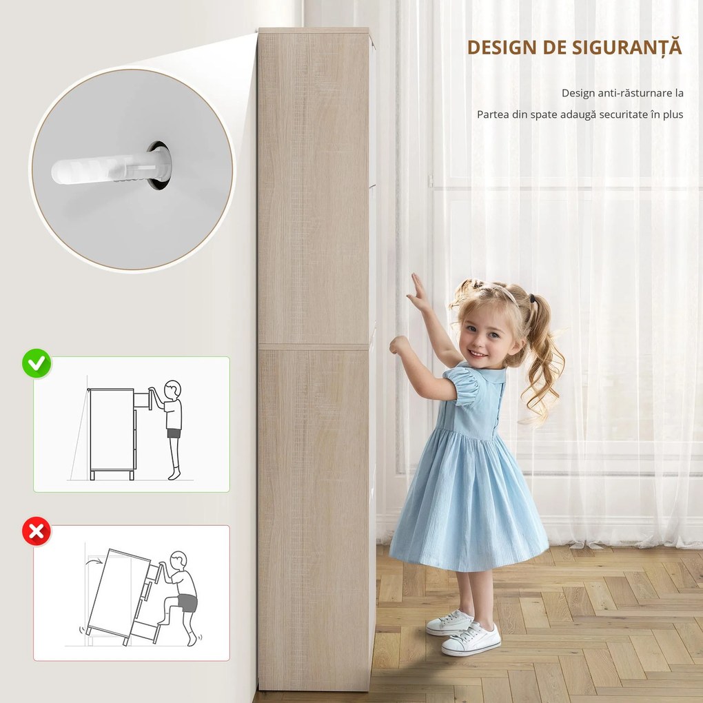 HOMCOM Dulap Subțire pentru Pantofi cu 4 Sertare pentru 16 de Perechi de Pantofi 62.5x26x156 cm, Culoare Lemn și Alb | Aosom Romania