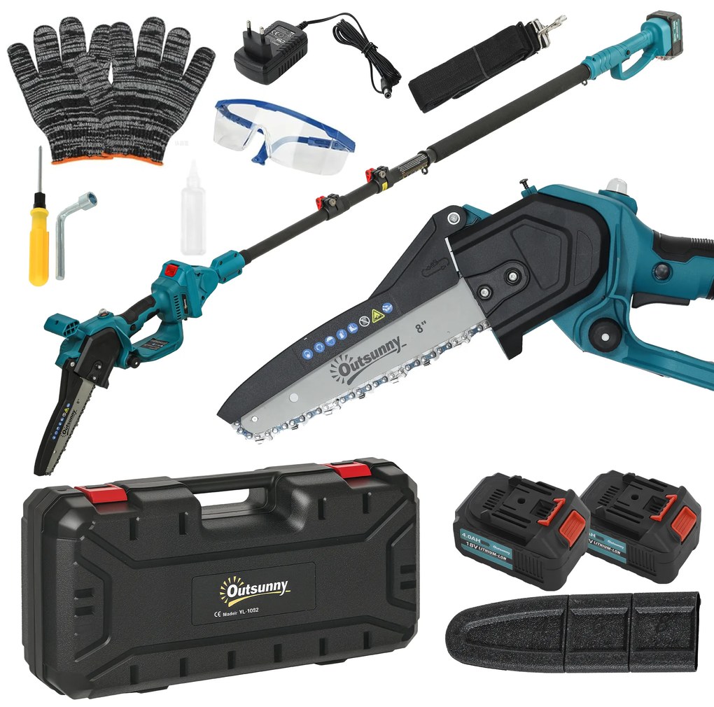 Outsunny Ferăstrău cu Acumulator 2 în 1 cu Tijă Telescopică și Motor Brushless Albastru | Aosom Romania