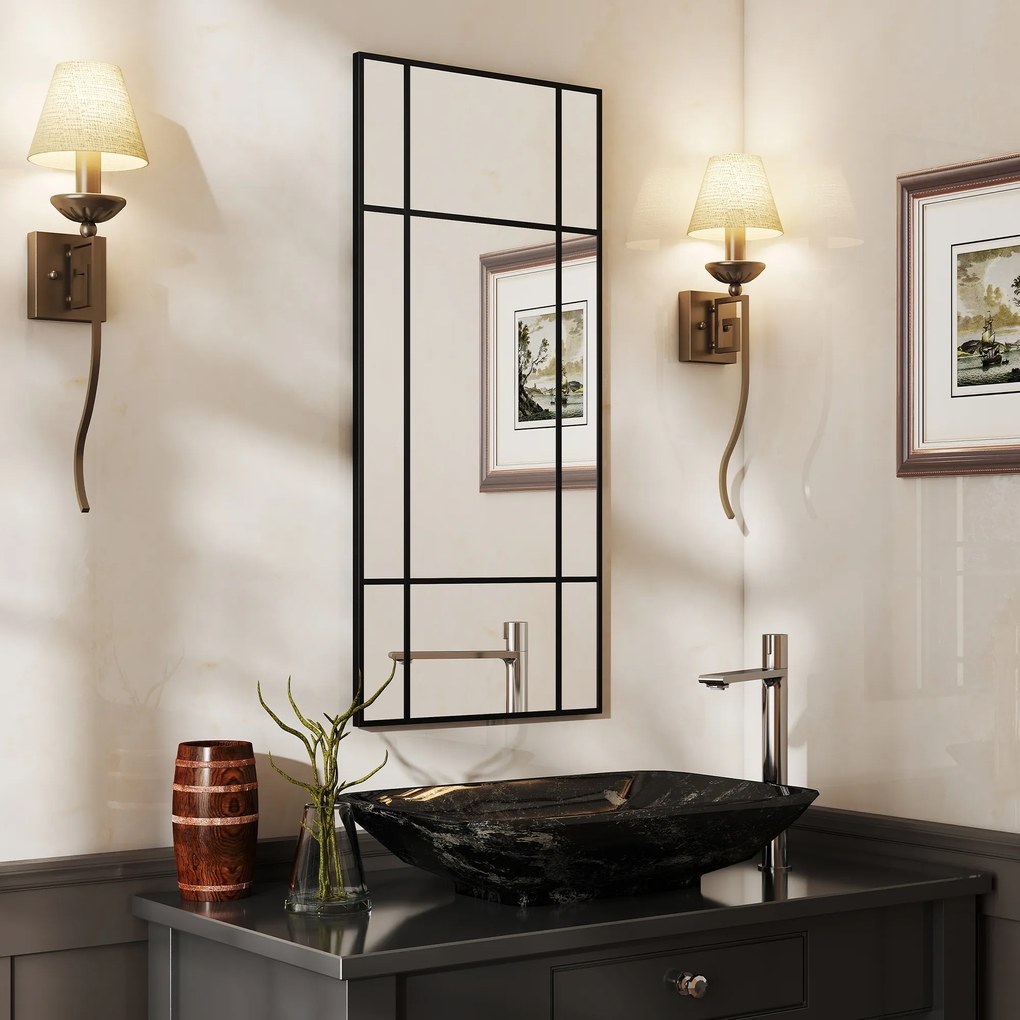 HOMCOM Oglindă de Perete Stil Fereastră Montaj Vertical Orizontal 110x50cm Negru | Aosom Romania