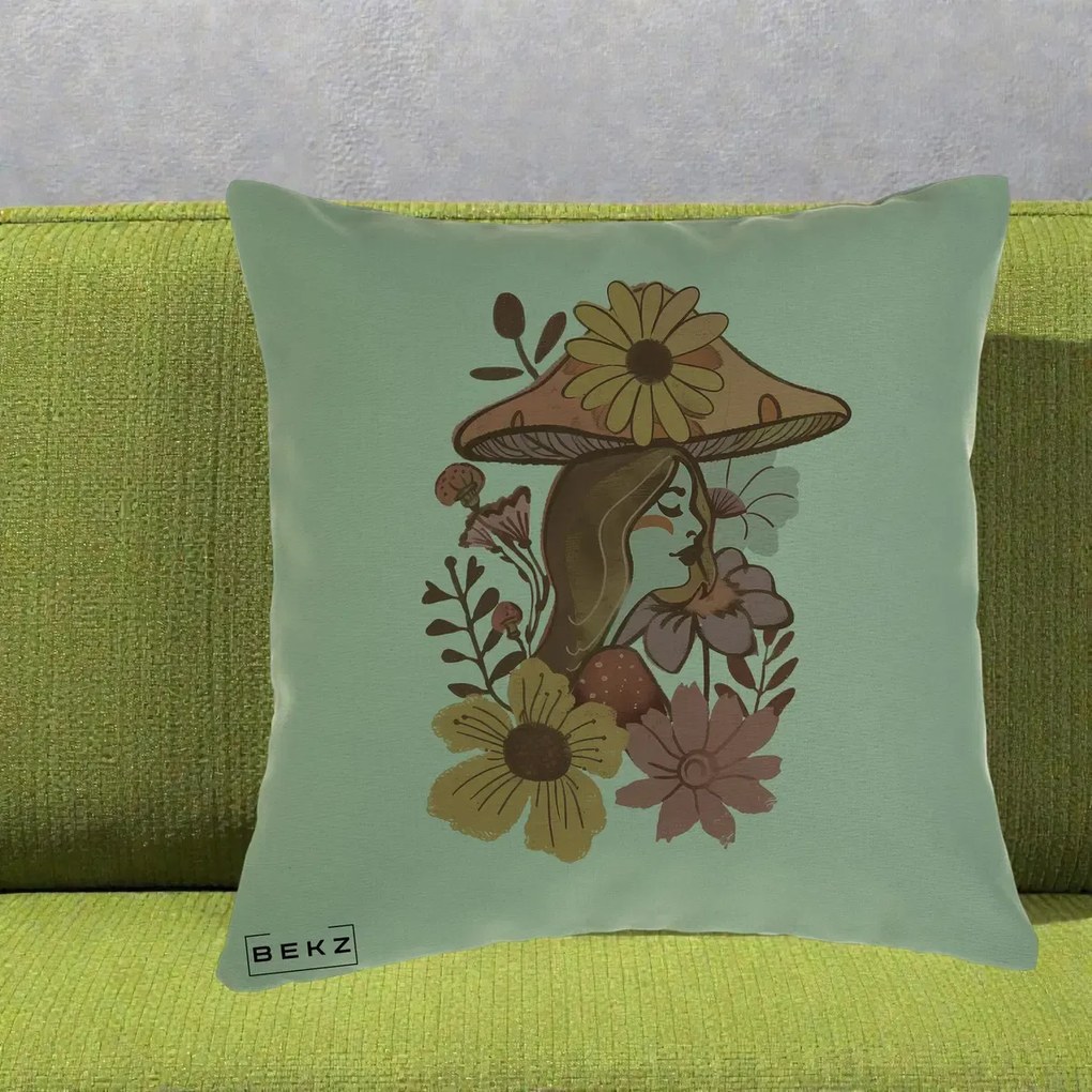 Perna Decorativa Fata Ciuperca Florala Boho, 40x40 cm, Verde, Husa Detasabila, Perna Inclusa, BEKZ®