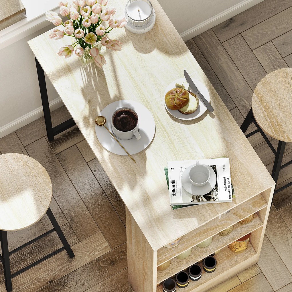 HOMCOM Set masă de bar cu tabureți, compartimente deschise, raft reglabil și suporturi pentru picioare, stejar și negru | Aosom Romania