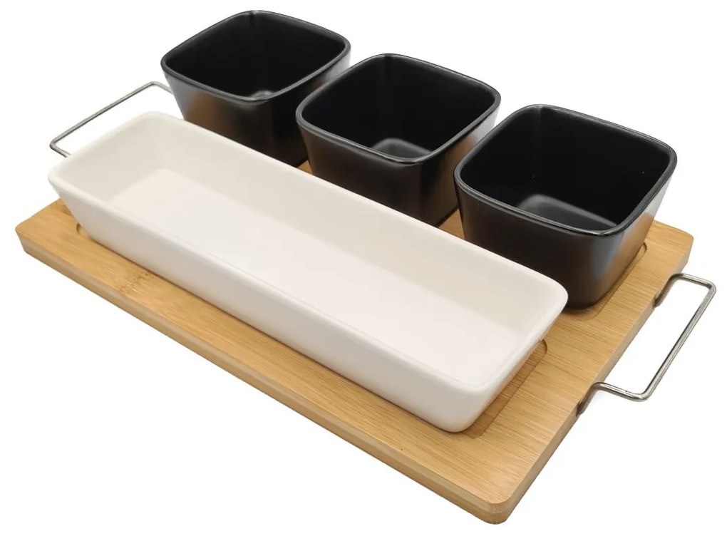 Set 4 recipiente din Ceramica pentru aperitive cu Tava din Bambus, Alb si Negru