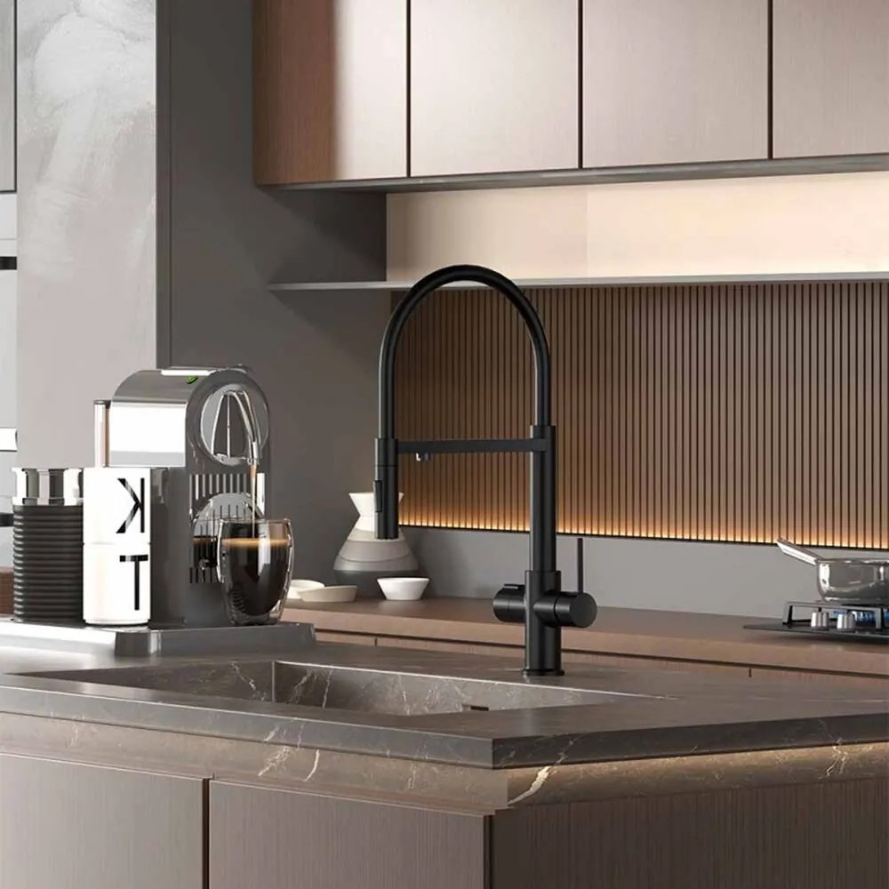 Baterie bucatarie cu pipa flexibila Inter Ceramic Acqua Pura compatibila cu sistem filtrare apa negru mat