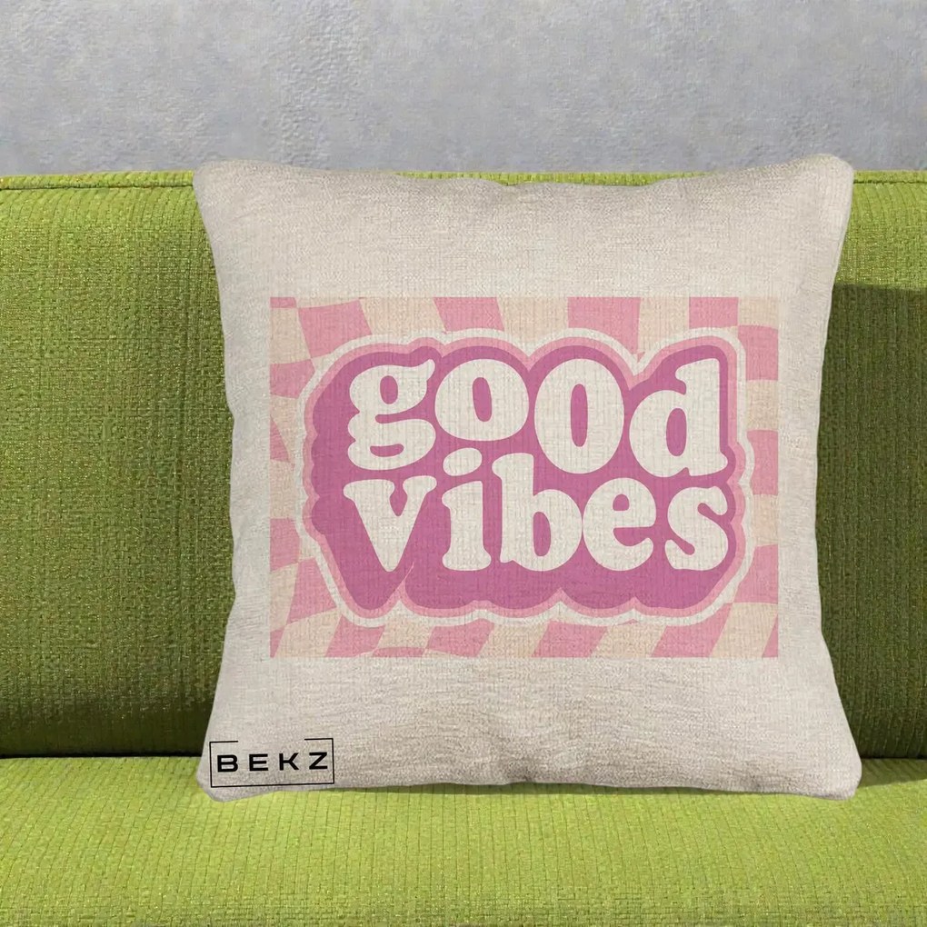 Perna Decorativa Good Vibes Retro Roz, 40x40 cm, Bej Canapea, Husa Detasabila, Perna Inclusa, BEKZ®
