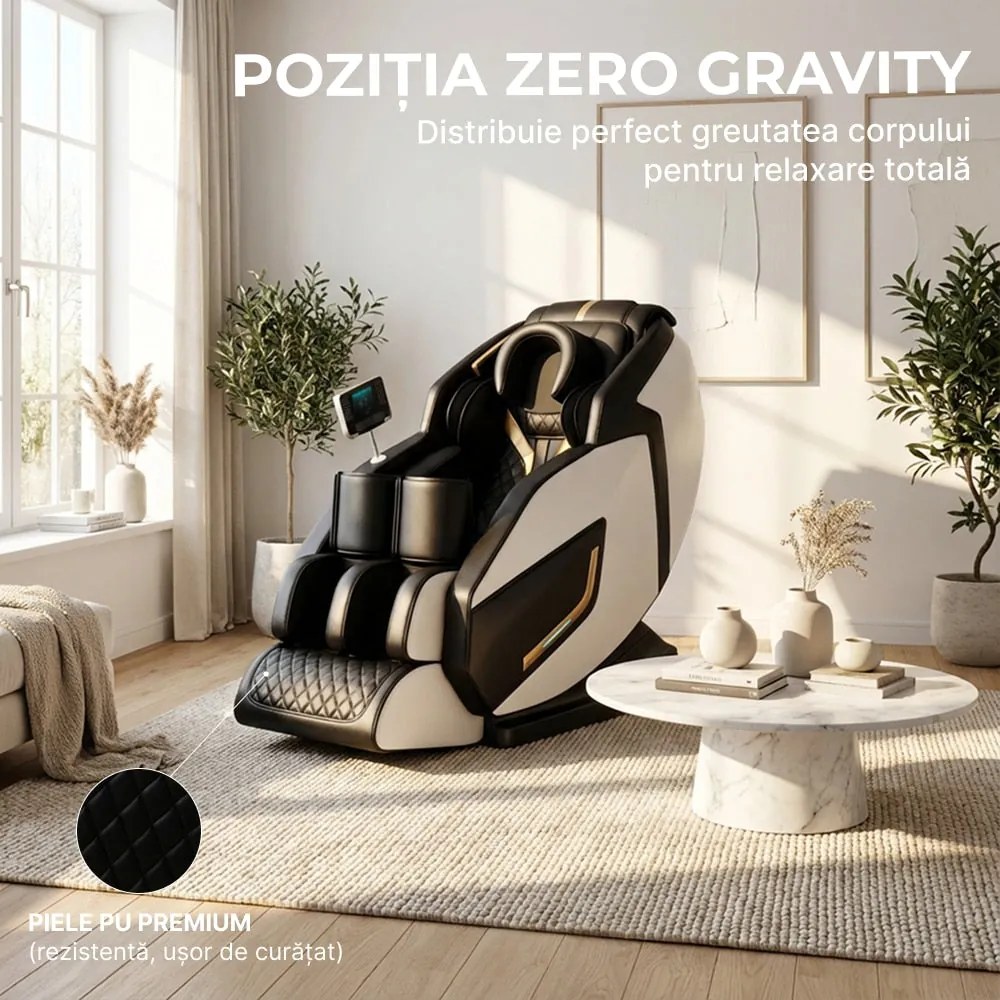 Fotoliu de masaj cu capete de jad, Zero Gravity, incalzire si Bluetooth, Bej/Negru