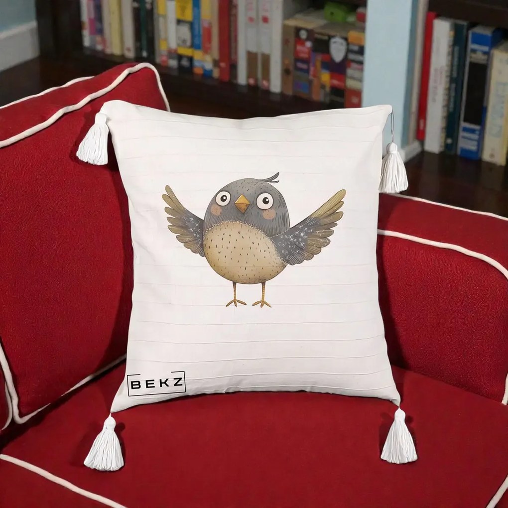 Perna Decorativa Pasare cu Aripi Intinse, 40x40 cm, Bej cu Franjuri, Husa Detasabila, Perna Inclusa, BEKZ®