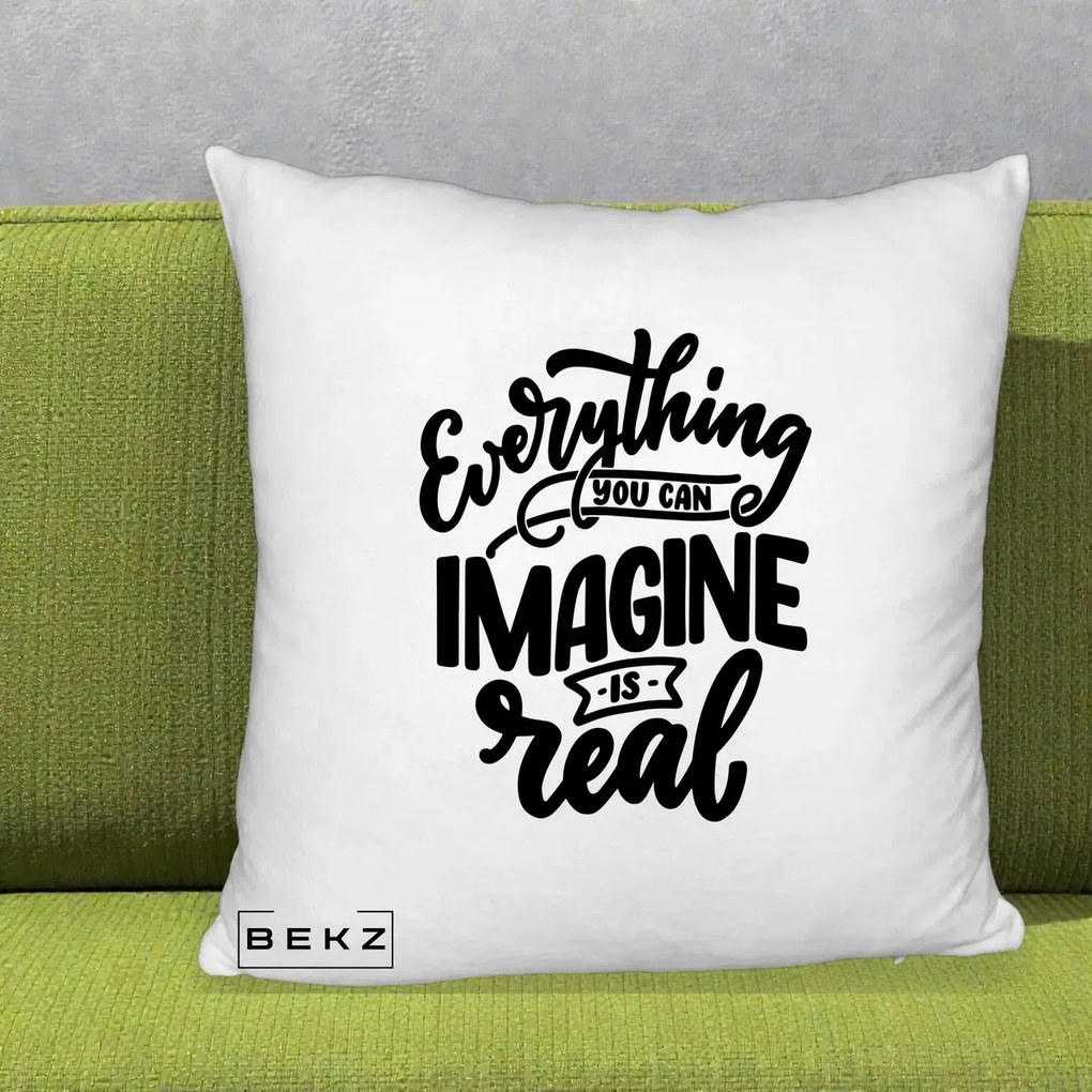 Perna Decorativa Everything You Can Imagine Is Real, 40x40 cm, Alb Pufos, Husa Detasabila, Perna Inclusa, BEKZ®