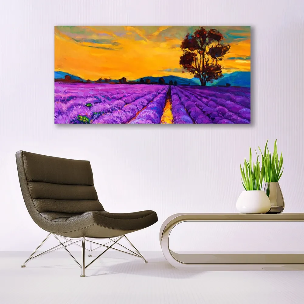 Tablou pe sticla Câmp Peisaj Violet Galben Maro