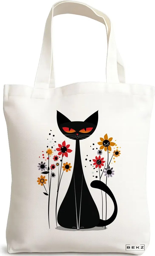 Sacosa de Panza pentru Cumparaturi, Geanta Tote, model Cat and Flowers 7, 38 x 34.5 cm, Alba, BEKZ®