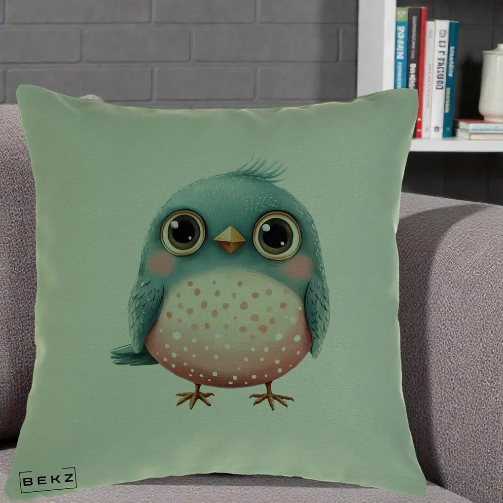 Perna Decorativa Pasare Teal-Roz cu Pete, 40x40 cm, Verde, Husa Detasabila, Perna Inclusa, BEKZ®