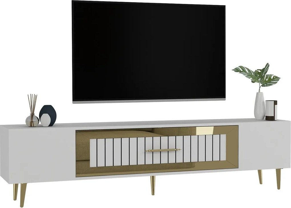 Comoda TV, Hanah Home, Dekolp3, 150x48.2x29.6 cm, Alb/Auriu
