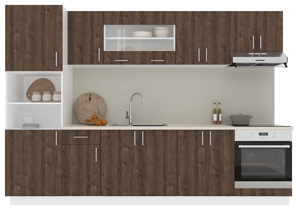 Set Bucatarie Karo V27, Stejar Bronz/Alb, Blat Thermo 28 mm, L 300 cm