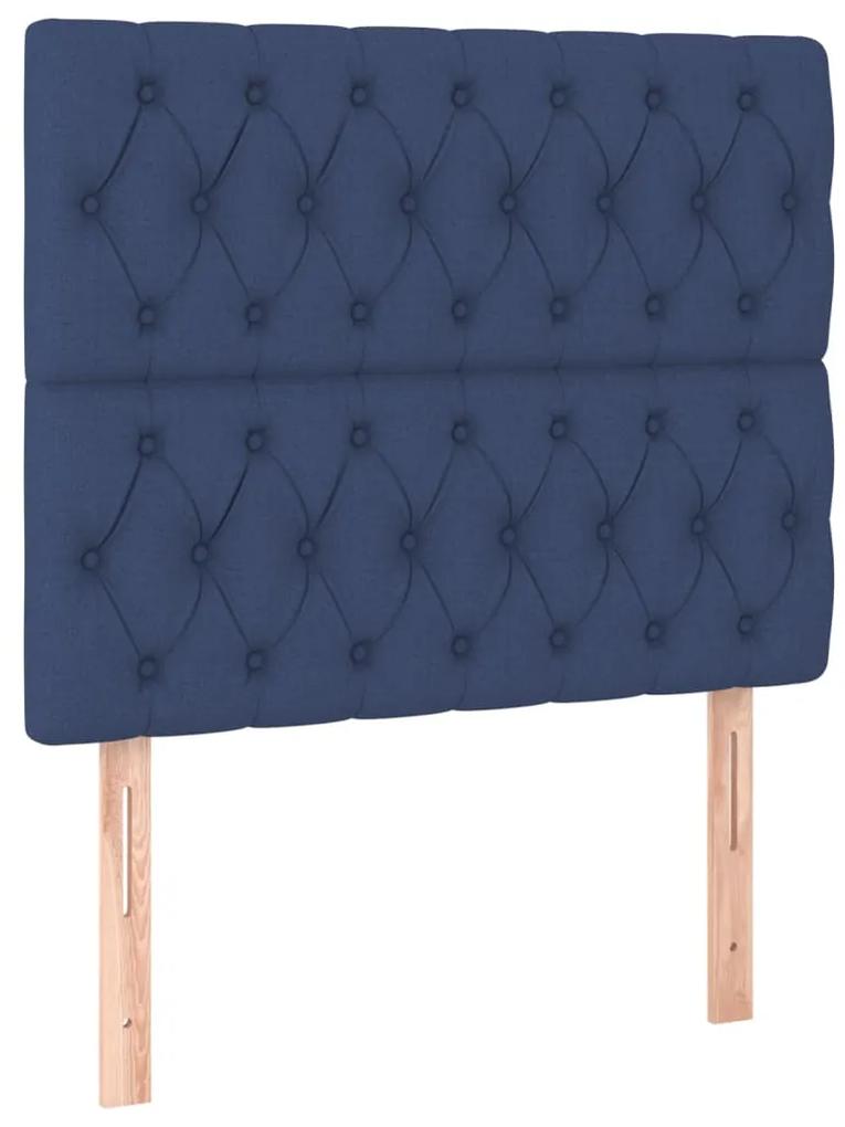 Pat box spring cu saltea, albastru, 90x200 cm, textil Albastru, 90 x 200 cm, Design cu nasturi