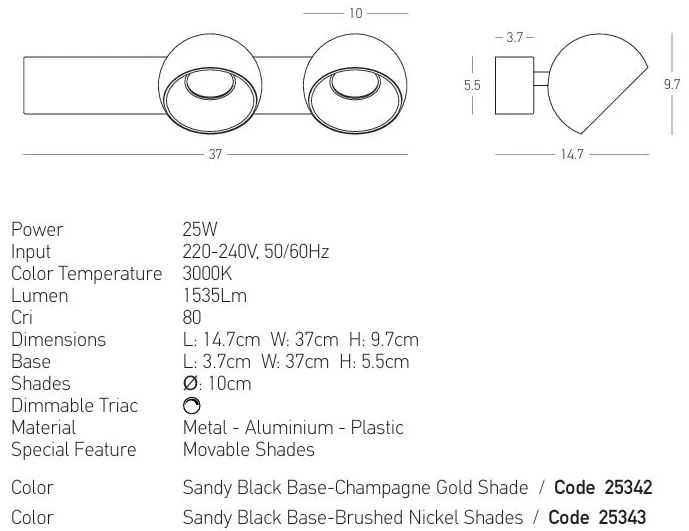 Aplica cu 2 spoturi LED directionabile BRUSHED CHAMPAGNE GOLD ZB-25342