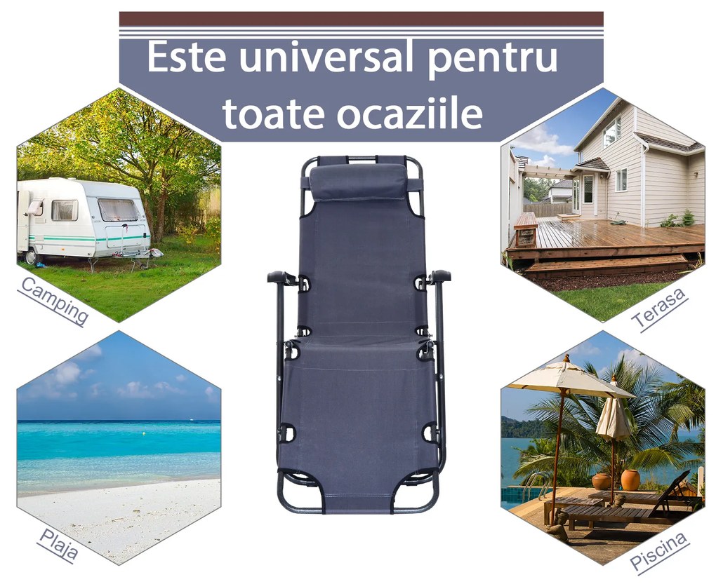 Sezlong Pliabil Outsunny cu brate de Gradina sau Pisina, Metal tesatura Oxford, Buzunar depozitare, Gri | Aosom Romania