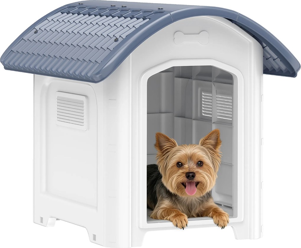 PawHut Cușcă pentru câine de exterior, casă pentru câine din plastic cu podea ridicată și amovibilă, acoperiș impermeabil, gri | Aosom Romania