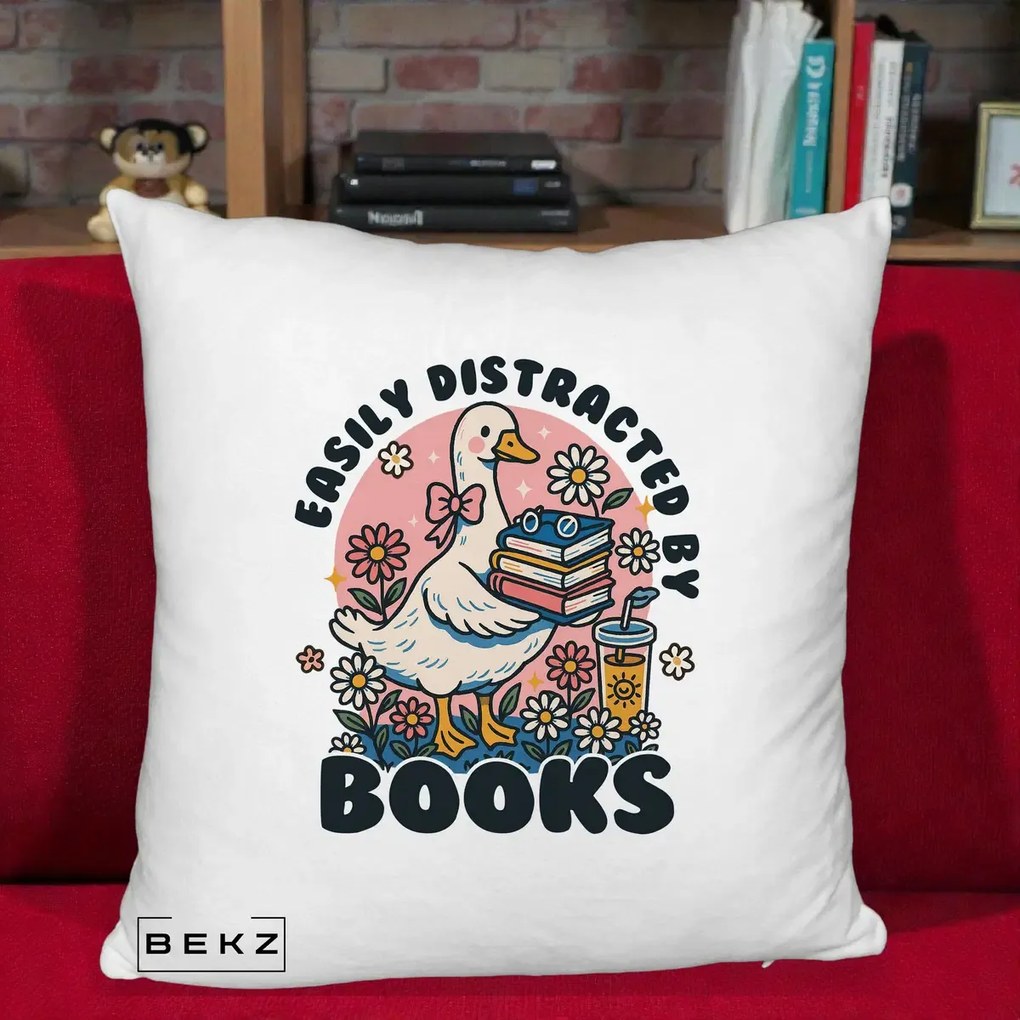 Perna Personalizata Easily Distracted by Books, 40x40 cm, Alb Pufos, Husa Detasabila, Perna Inclusa, BEKZ®