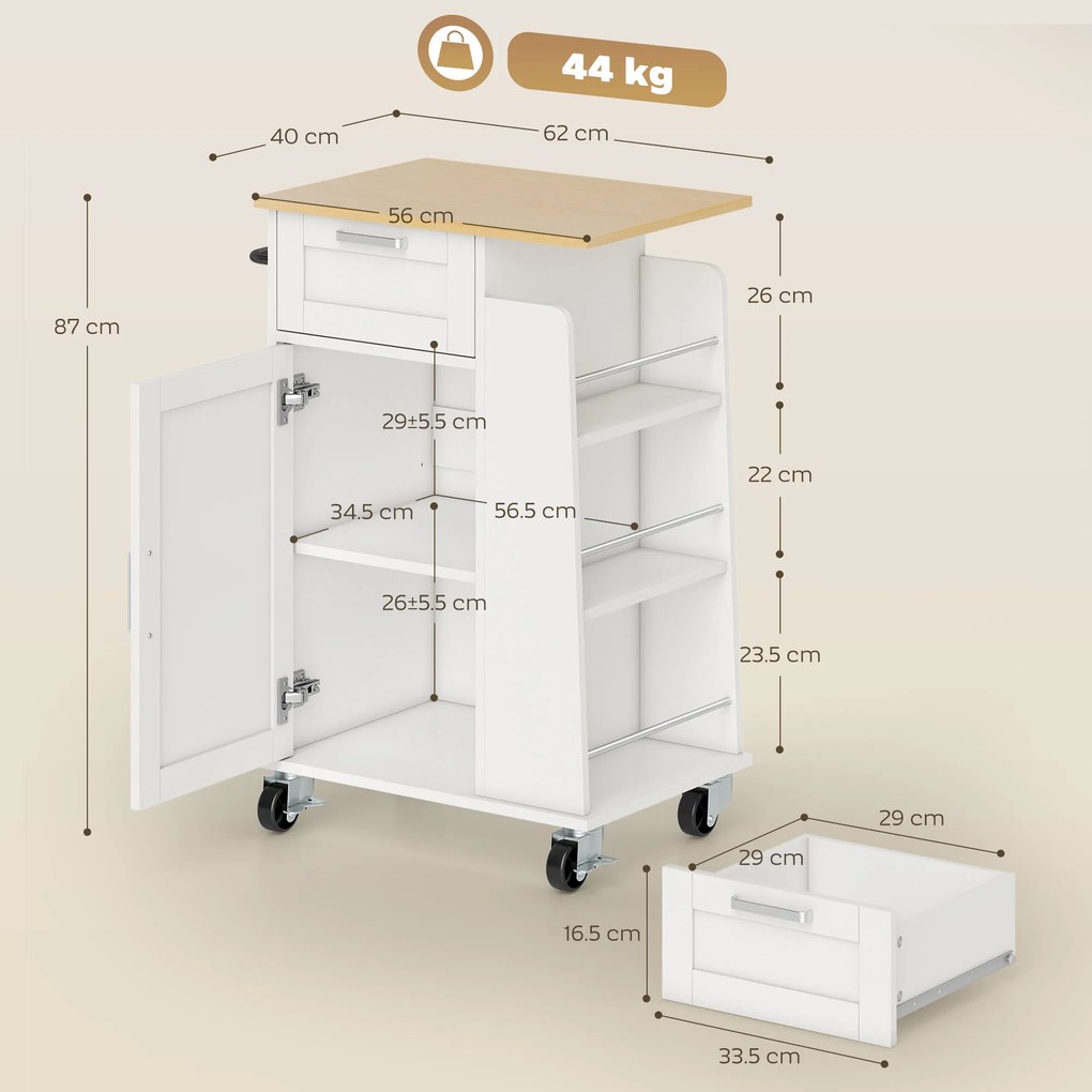 Cărucior de Bucătărie HOMCOM cu Sertar, Dulap, Suport pentru Prosoape și 3 Suporturi pentru Condimente, din Lemn, 62x40x87 cm, Alb | Aosom Romania