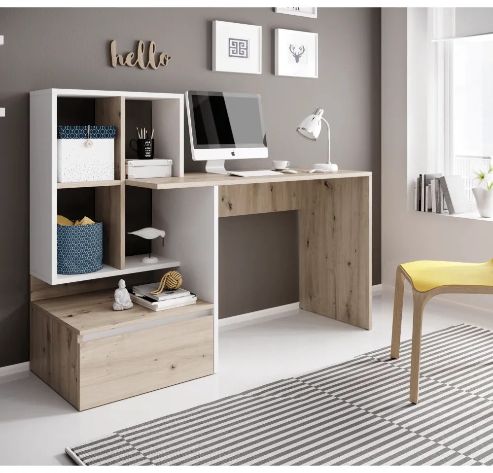 Masa PC, stejar artisan/alb mat, NEREO