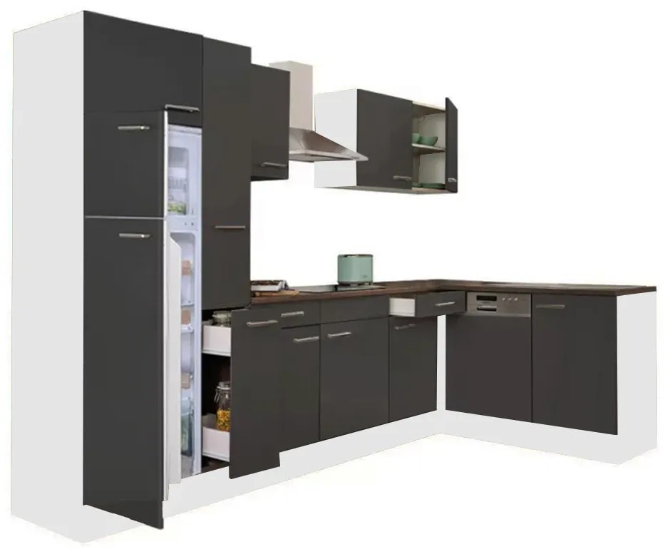 Dulap de bucătărie de colț Yorki 310 cu corp alb, față antracit satinat și frigider cu congelator superior