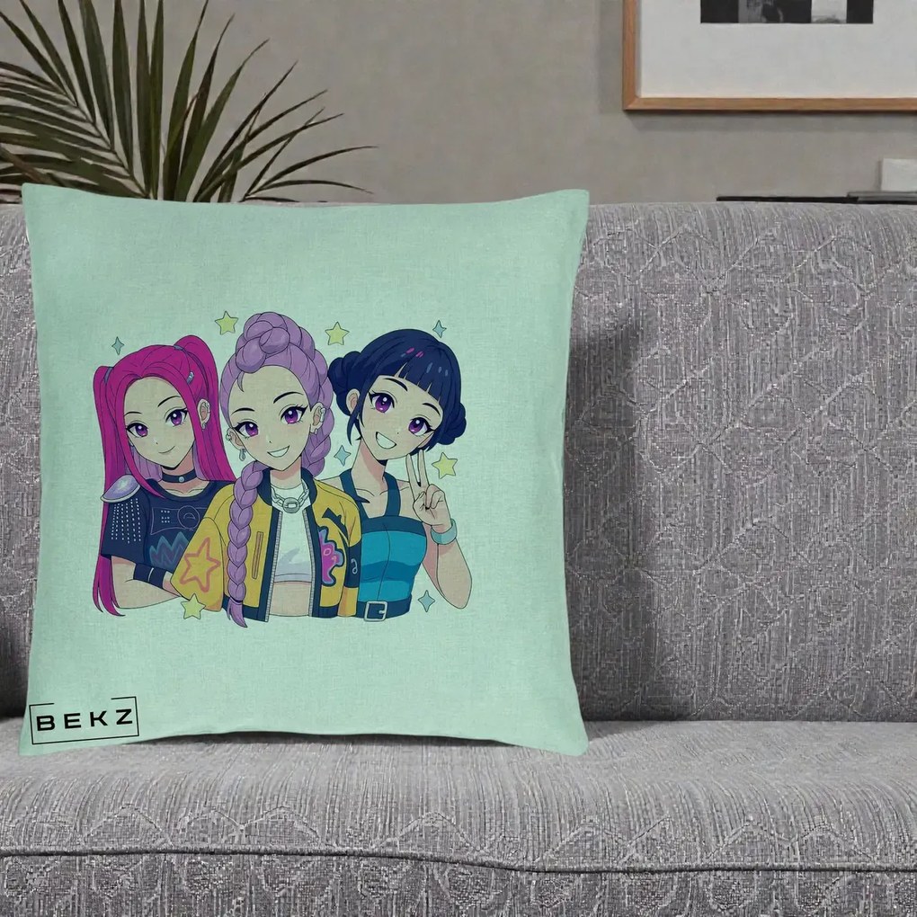 Perna Personalizata K-pop HUNTRX Trio Anime Stele, 40x40 cm, Verde Menta, Husa Detasabila, Perna Inclusa, BEKZ®