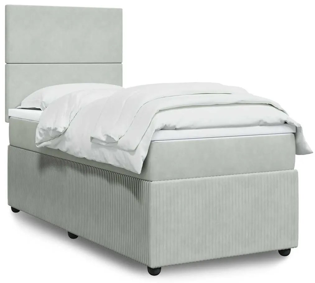 vidaXL Pat box spring cu saltea, gri deschis, 90x200 cm, catifea