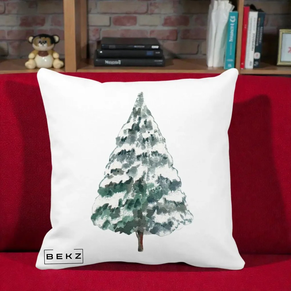 Perna Decorativa cu tematica de Craciun, Brad 2, 40x40 cm, Alba Mata, Husa Detasabila, Perna Inclusa, BEKZ®