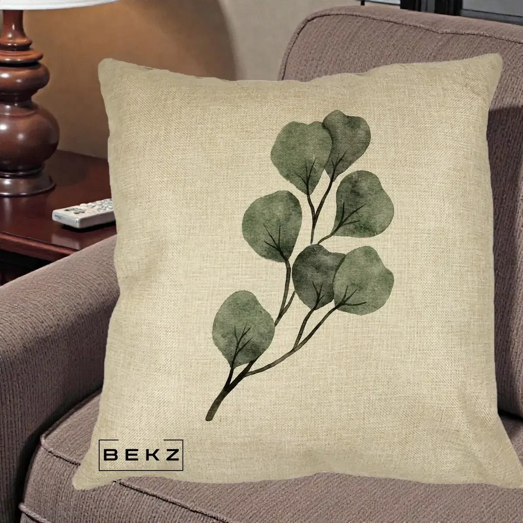 Perna Decorativa Ramura Eucalipt Acuarela, 40x40 cm, Crem, Husa Detasabila, Perna Inclusa, BEKZ®