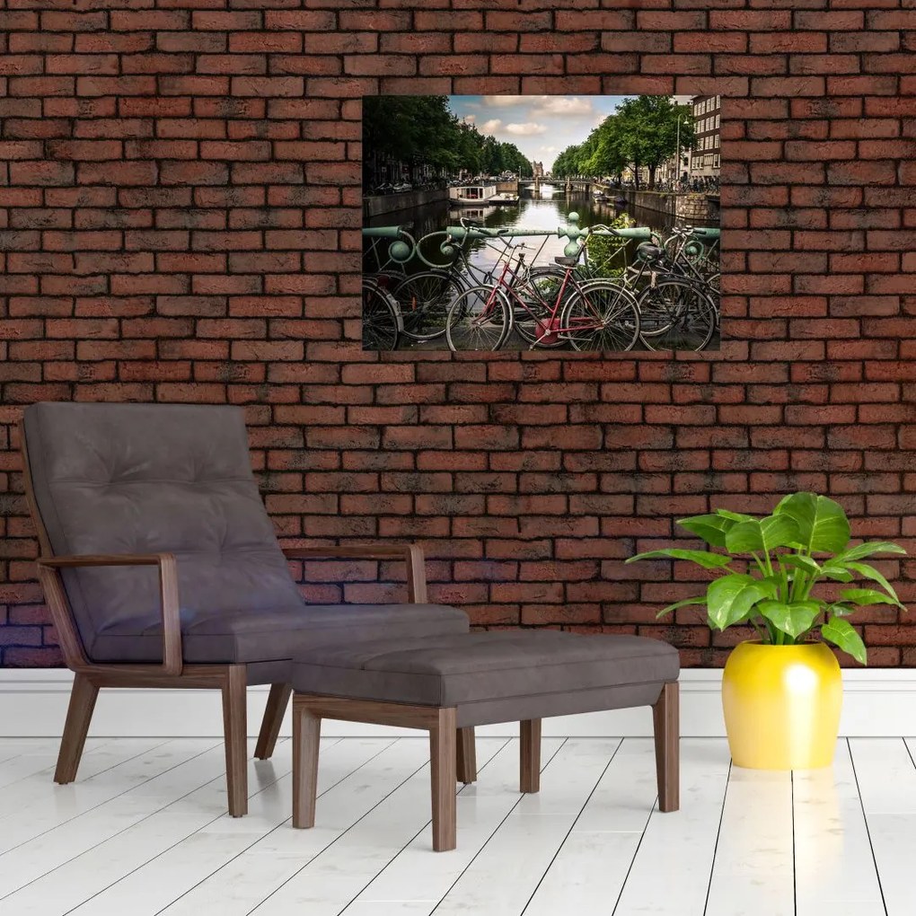 Tablou pe sticlă cu bicicleta în oraș (70x50 cm)